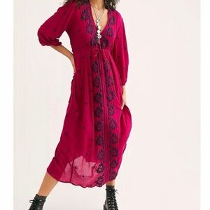 Free People Bohemian Embroidered V-Neck Midi Dress in Berry size S